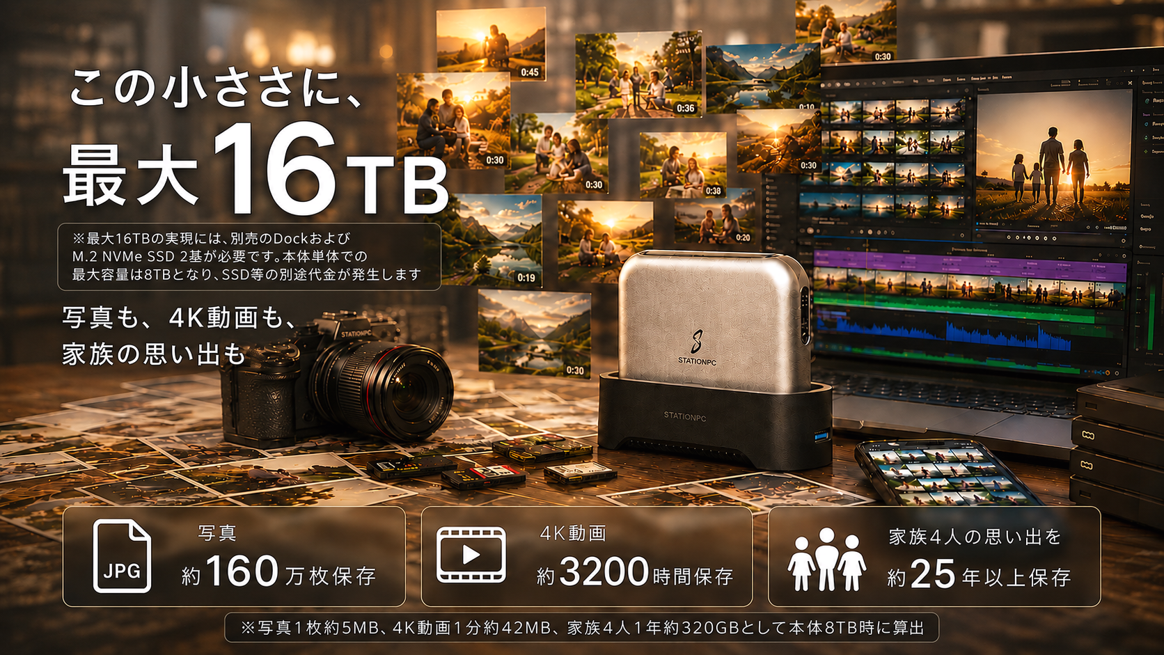 この小ささに最大16TB - RAW写真160万枚・4K動画3200時間