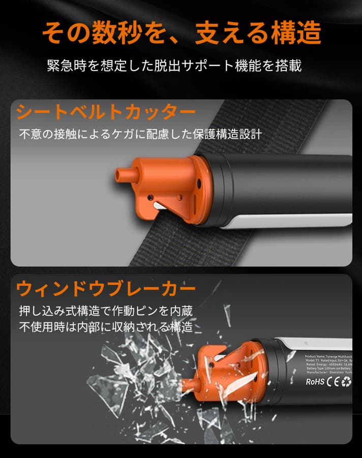 緊急脱出機能 - シートベルトカッターとウィンドウブレーカー